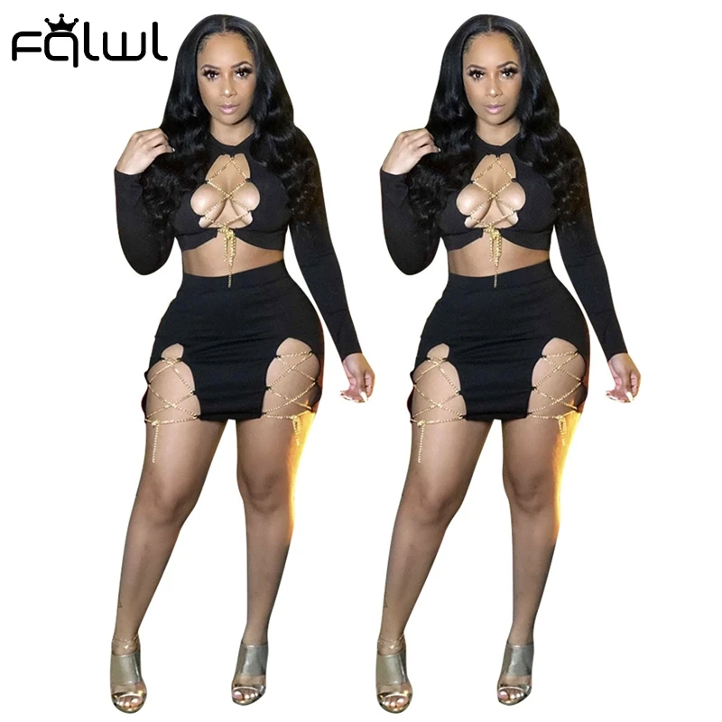 

FQLWL Women Sexy Hollow Lace UP Out Long Sleeve Crop Top 2 Piece Set Ladies Bodycon Black Outfits Female Clubwear Matching Sets