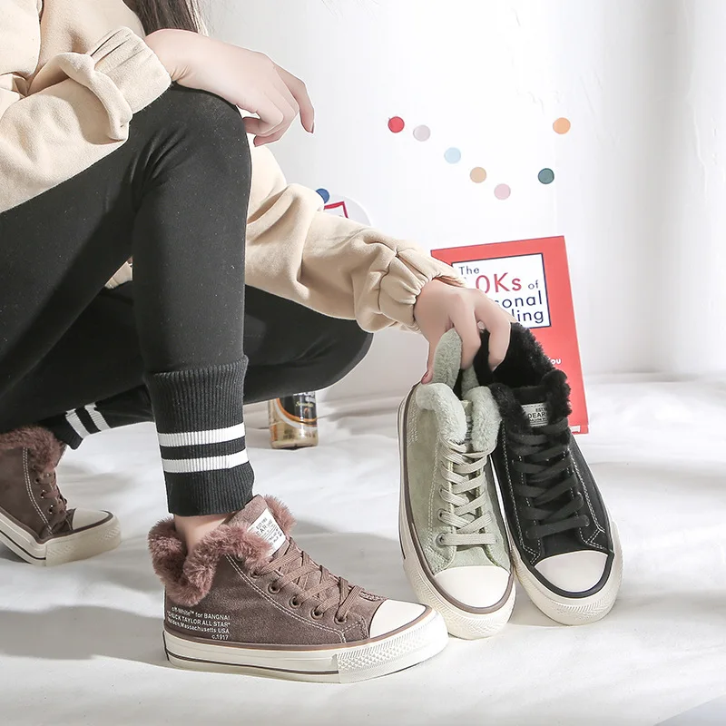 

Swyivy Fur Winter Shoes Women High Top Sneakers Vulcanize 2020 New Canvas Shoes Casual Female Sneakers Platform Winter Fur Shoes