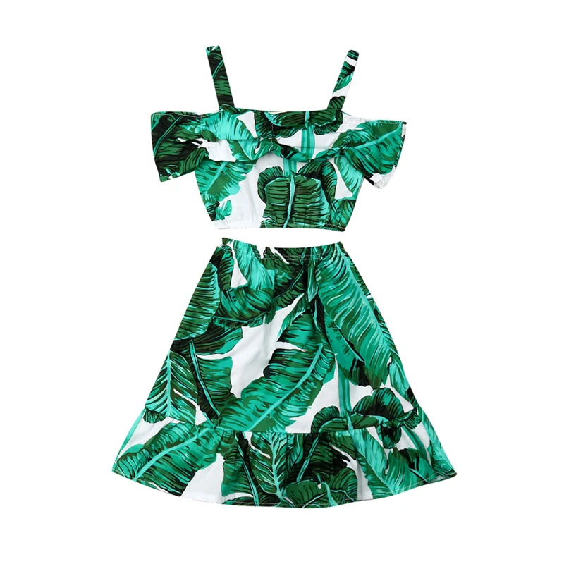 Детский летний комплект одежды с принтом футболка открытыми плечами и длинная