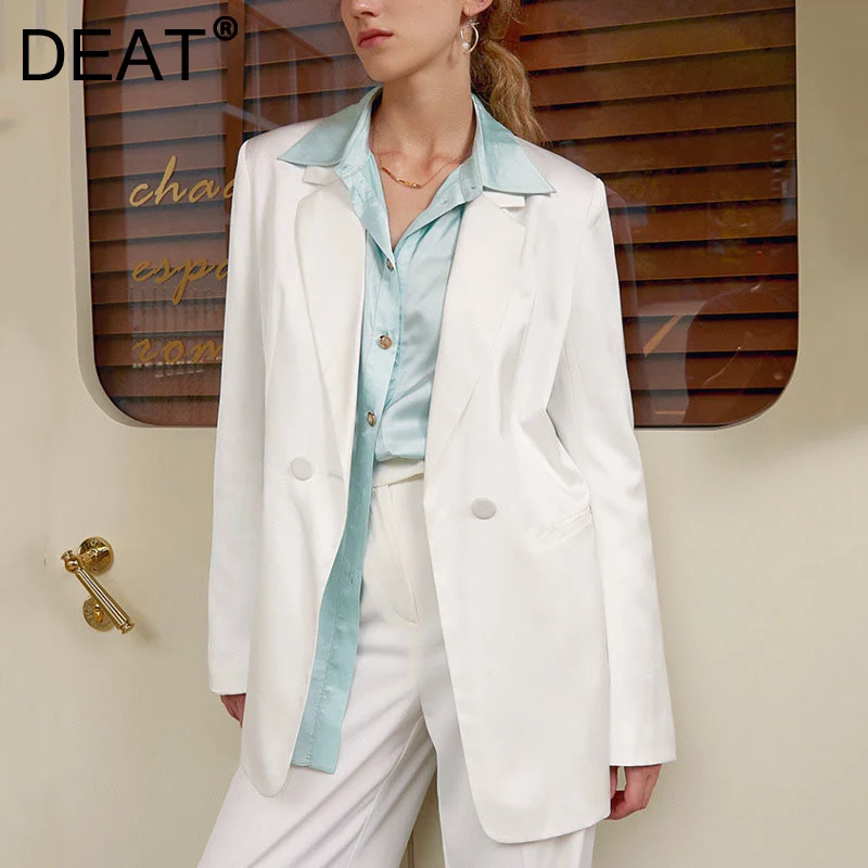 

Женский двубортный пиджак DEAT, белый свободный костюм с отложным воротником и длинным рукавом, с карманами, на осень и зиму, 7E1472, 2021