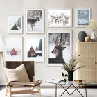 Картина на холсте в скандинавском стиле с изображением зимнего леса рождественского оленя лося