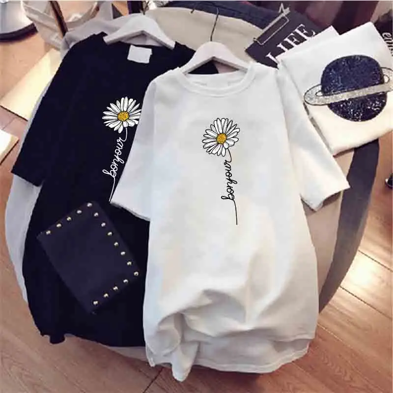 

Dress Harajuku Flower Print Letter Loose Summer T-Shirt Dresses Plus Size Korean Short Sleeve Streetwear Pullover Dress Women