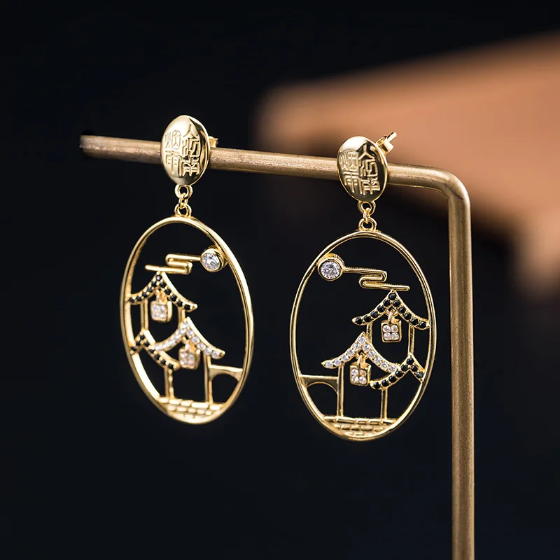 

JUXO S925 Sterling Silver Zircon Women's Moon Pendant Earrings Retro Hanfu Temperament Tassel Hollow Earrings Women's Gift