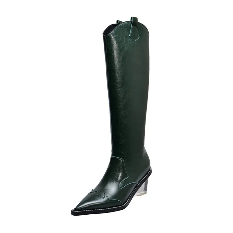 

2020 New Fashion Embossing Western Boots Women Knee High Cowboy Boots Pointed Toe Strange Crystal High Heel Ladies Chelsea Boots