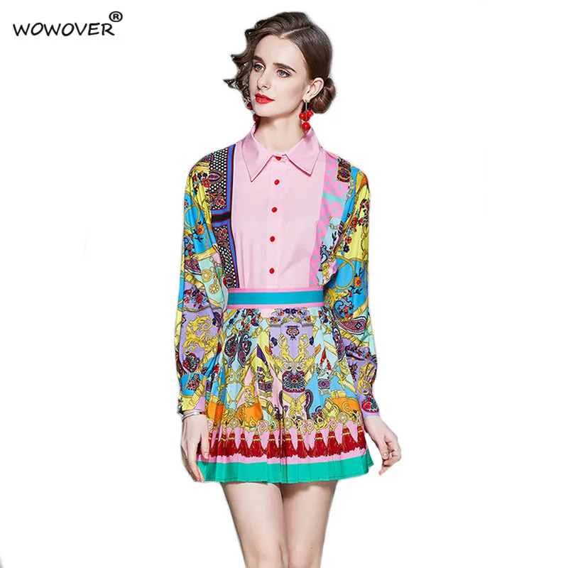 

Женский модельный комплект из 2 предметов, рубашка с винтажным принтом и длинным рукавом и плиссированная мини-юбка, пляжный праздничный ко...