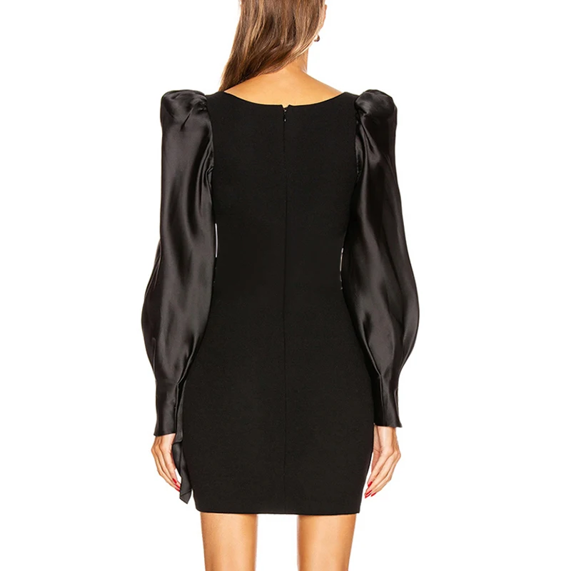 Женское атласное мини платье INDRESSME черное облегающее с длинным рукавом