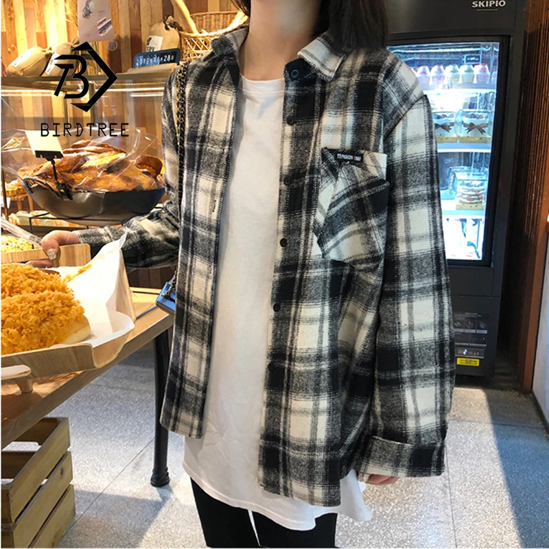 Новое поступление Женская винтажная клетчатая рубашка с отложным воротником на