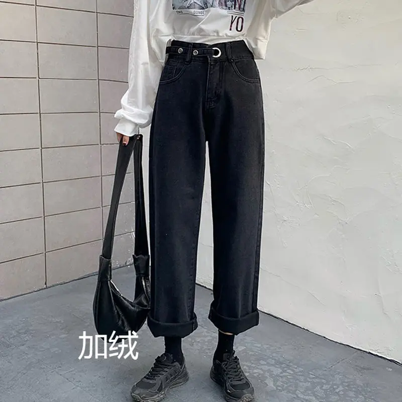 

Jeans Women Plus Velvet All-match Harajuku Casual Adjustable High Waist Loose Chic Vintage Womens Trousers Leisure Simple Retro
