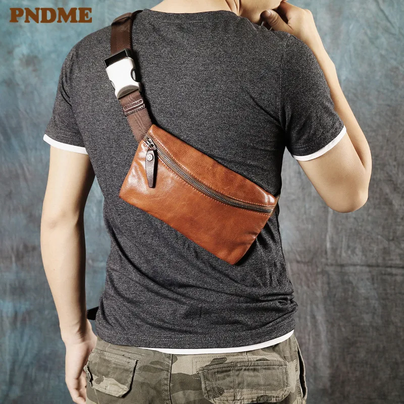 

PNDME Повседневная Простая мужская маленькая нагрудная сумка из натуральной кожи, модная винтажная Роскошная натуральная воловья поясная су...