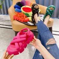 fluffy women shoes on platform sandals 4 straps cross summer new 2021 sneakers back buckle round toe beach outdoor party luxury