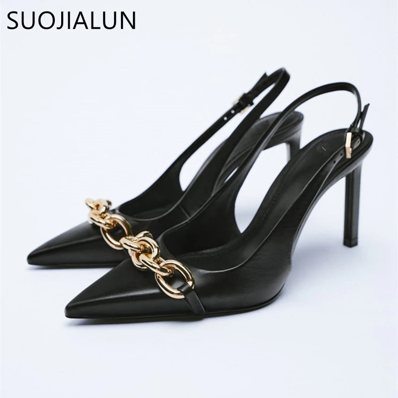 SUOJIALUN 2022 New Spring Fashion Crystal Buckle Sandals Women Thick High Heels Pointed Toe Slingback Shoes Elegant Slip On Mule