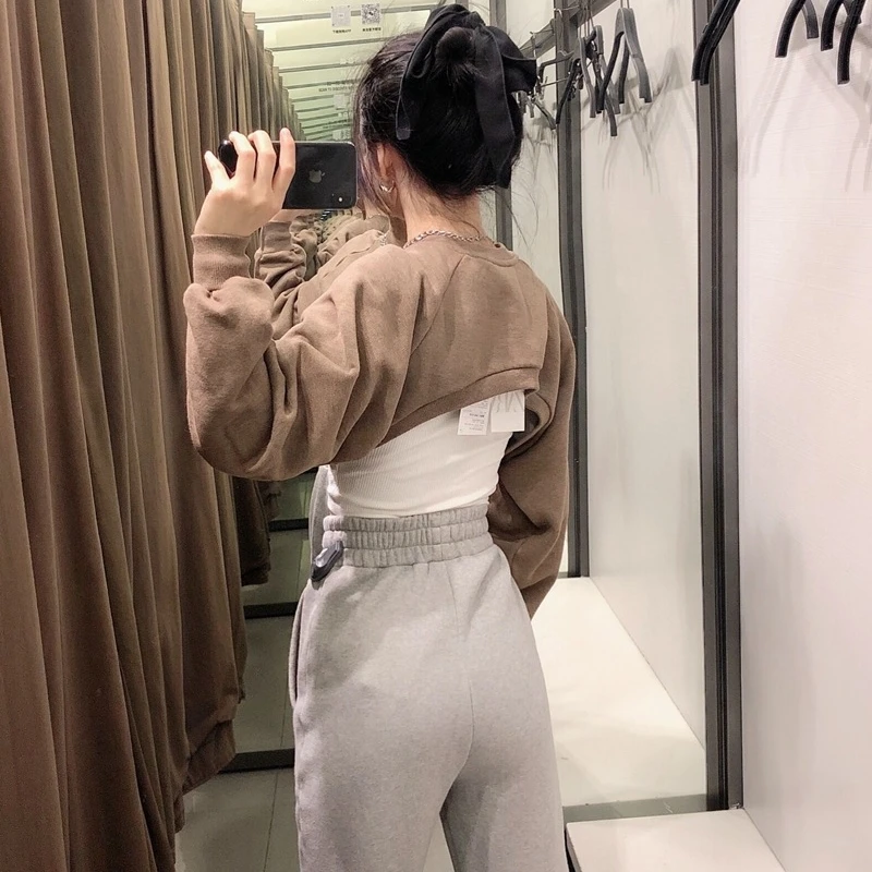 

YOSIBCD Women 2021 Fashion Asymmetric Cropped Sweatshirt Vintage O Long Sleeve Female Pullovers Chic Tops