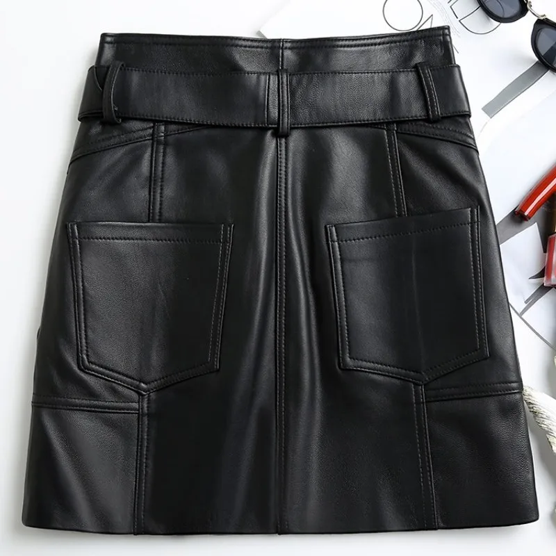 

Genuine Leather Skirts Women Elegant High Waist Solid Sheepskin A-Line Skirts Female Sashes Multi-Pockets Spliced Spring Autumn