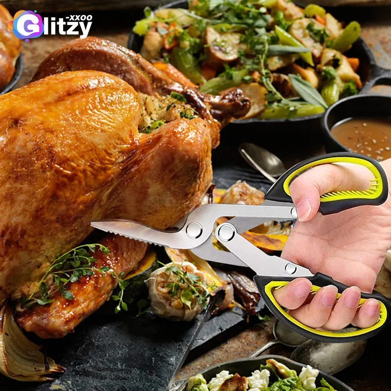 

6 In 1 Kitchen Quail Scissors Heavy Duty Multifunctional Chicken Deboning Scissors For Birds Vegetables Fishing Cooking Tools