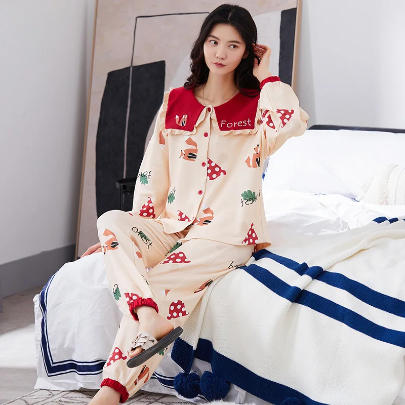 

Korean Style Pajamas Women'S Spring Autumn 100% Cotton Cardigan Long-Sleeved Thin Pyjamas Warm For Sleeping Nightwear