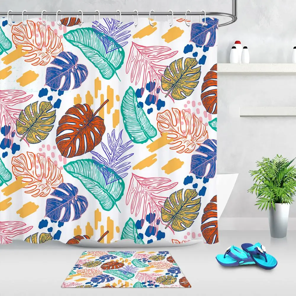 Занавеска для душа с акварельными растениями и листьями тропическая тема декор