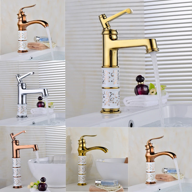 

European Style Golden Bathroom Faucets Hot and Cold Copper Water Tap Bathroom Above Counter Basin Faucet Mixer Single Handle