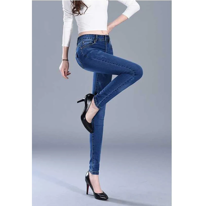 

New Fashion Skinny Denim Pencil Jeans Woman Elastic High Waist Trousers Black Blue Stretch Plus Size Washed Jeans Female