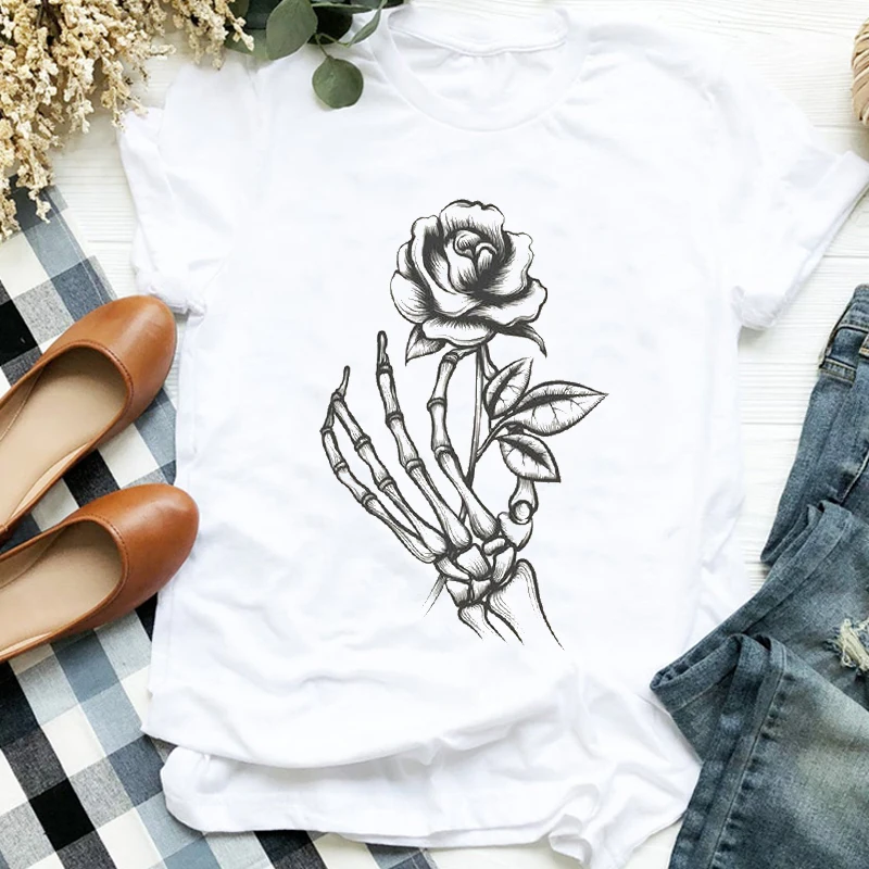 

Женская милая трендовая Осенняя Футболка с принтом в виде черепа, цветка, Хэллоуина, футболка, одежда, топ, женская футболка с графическим ри...