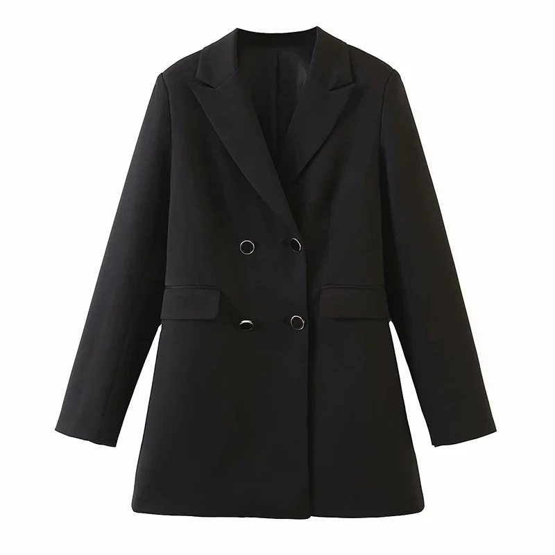 Женский офисный пиджак на пуговицах длинный черного цвета в винтажном стиле