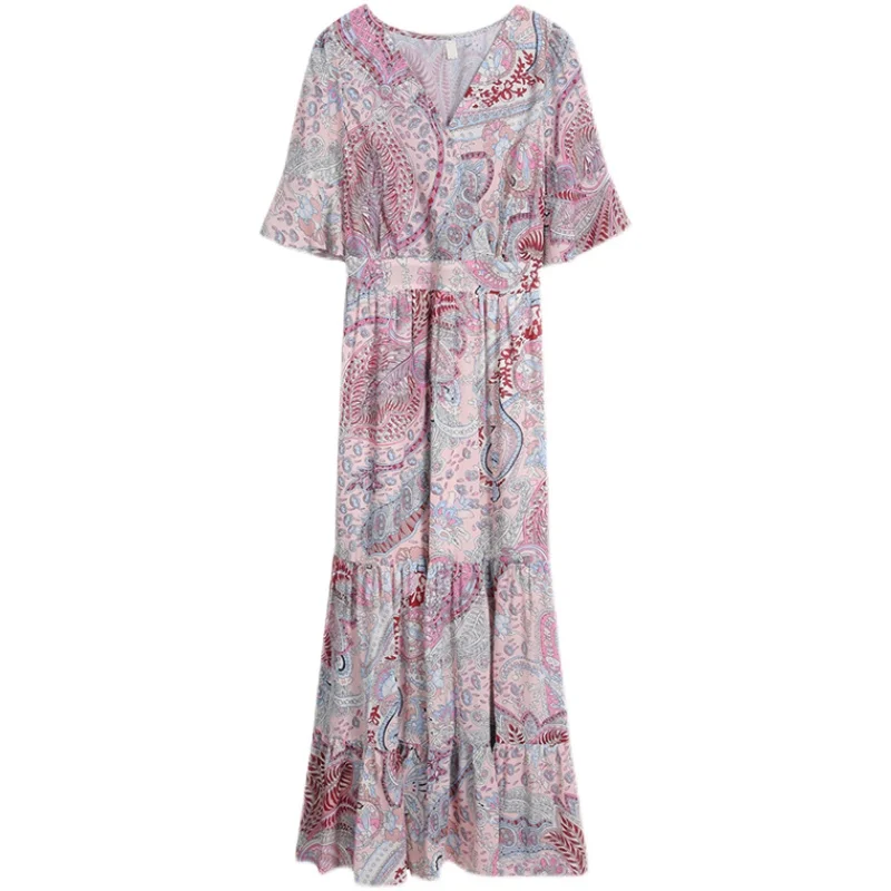 

Summer Plus Size Bodycon Midi Sundress Women Elegant Party Pink Vestidos 2021 Print Chiffon Short Sleeve Boho Beach Maxi Dresses
