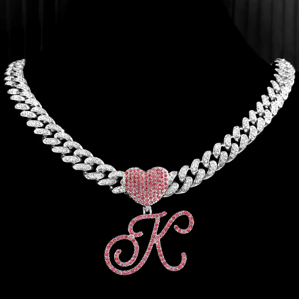 Hip Hop Pink A-Z Cursive Letter Initial Heart Pendant Necklace For Women Bling Iced Out Cuban Zircon Chain Necklace Punk Jewelry