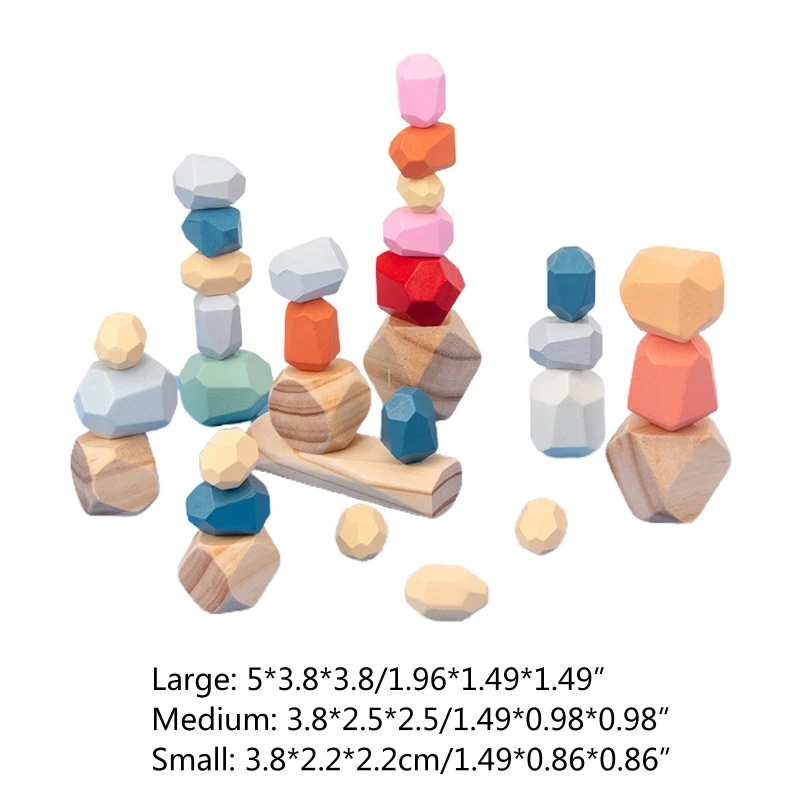 

32 Pcs Children Wooden Colored Stone Stacking Game Building Block Kids Creative Educational Montessori Toys Gifts