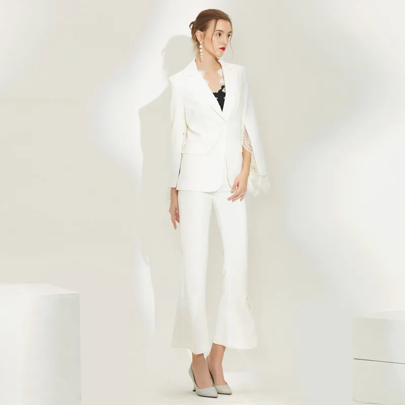 

Elegant Wide Leg Pants Suits For Women Autumn Winter White Lace Blazer Jacket Office Ladies Stylish Clothes Two Piece Set Female
