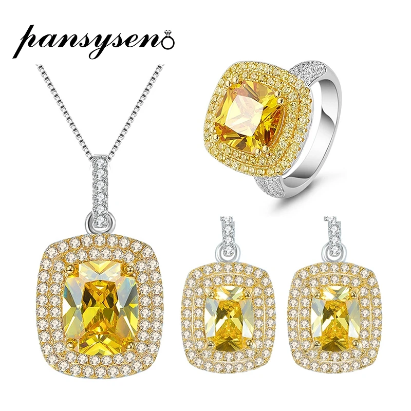 

PANSYSEN New Luxury Citrine Gemstone Jewelry Sets 925 sterling silver Necklace Earrings Ring set For Women Party Gifts