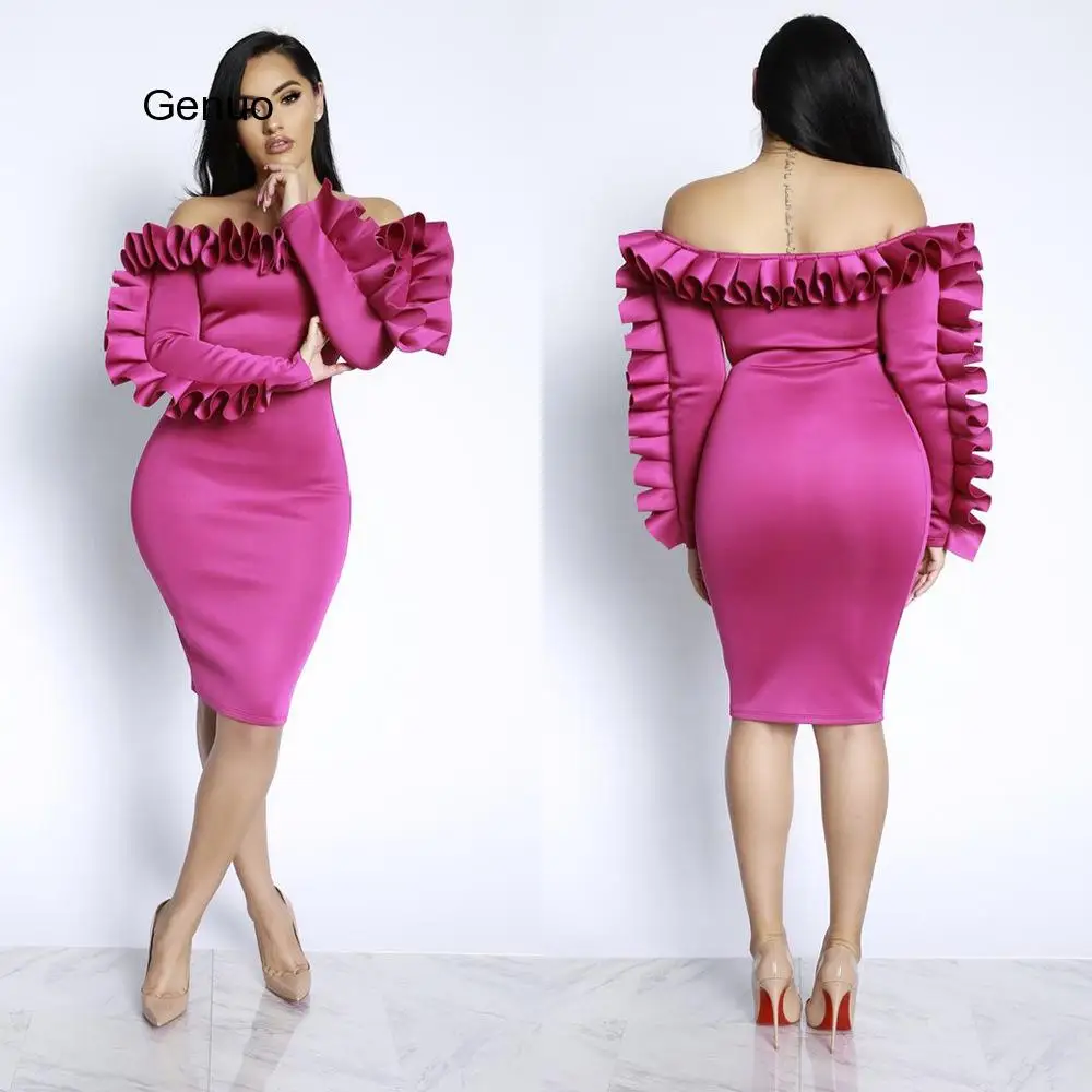 

Ladies Sexy Off Shoulder Burgundy Dress Slim Fashion Package Hip Strapless Tube Ruffles Dresses Body con Club Wear Tunic Clothes