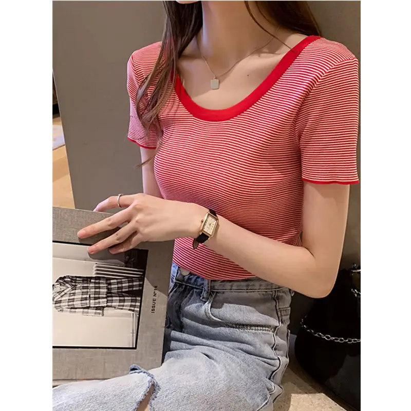 

Large women's ice silk striped T-shirt women's 2021 new slim 200kg low round neck short sleeve T-shirt