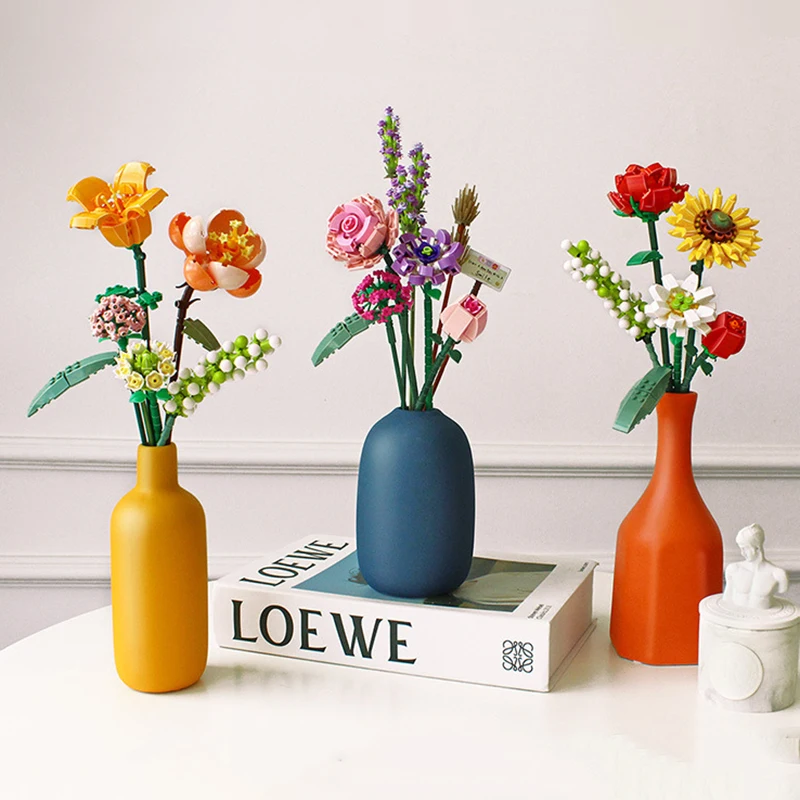 Ramo de bloques de construcci&oacute;n en 3D para ni&ntilde;os, modelo de juguete para decoraci&oacute;n del hogar, planta en maceta, crisantemo, rosa, ensamblaje de flores, juguete para ni&ntilde;a-0