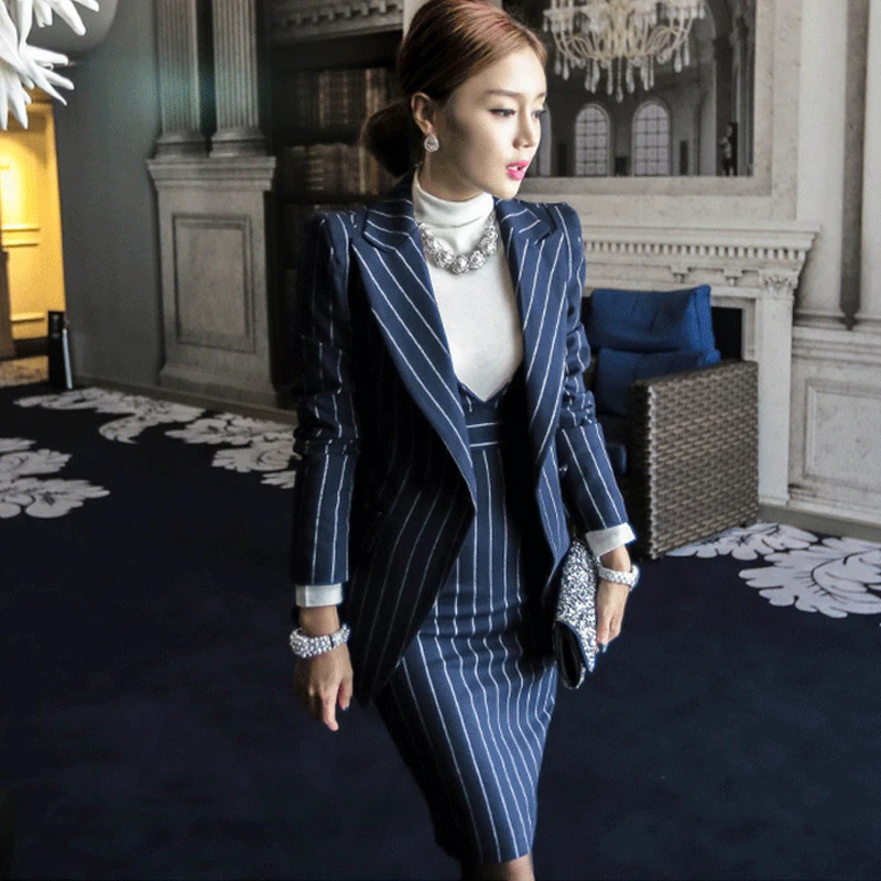 

Женский офисный костюм в полоску, элегантный костюм из двух предметов, пиджак и модные платья-футляр