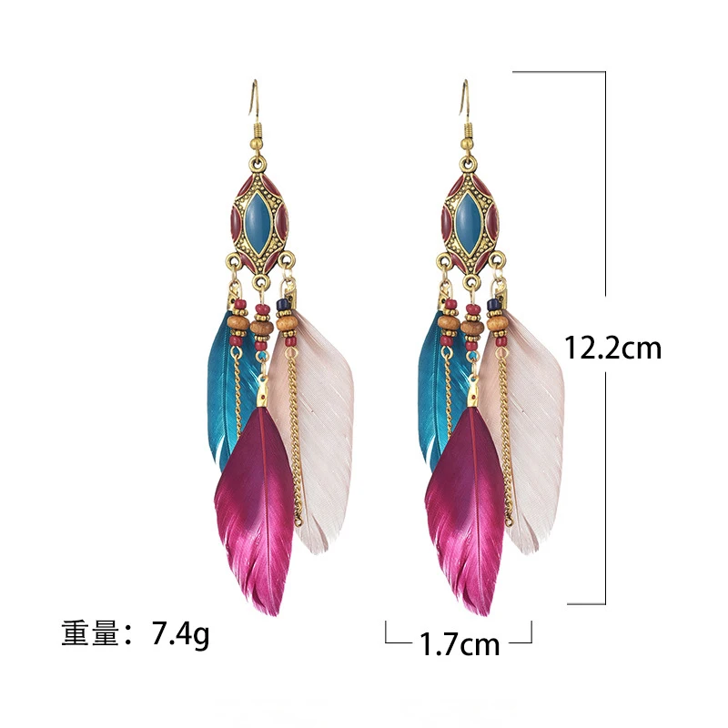 

Bohemian Feather Long Fringe Stone Earrings for Woman Trendy 2021 Boho Bead Chain Dangle Earrings Fashion Wedding Jewelry Gift