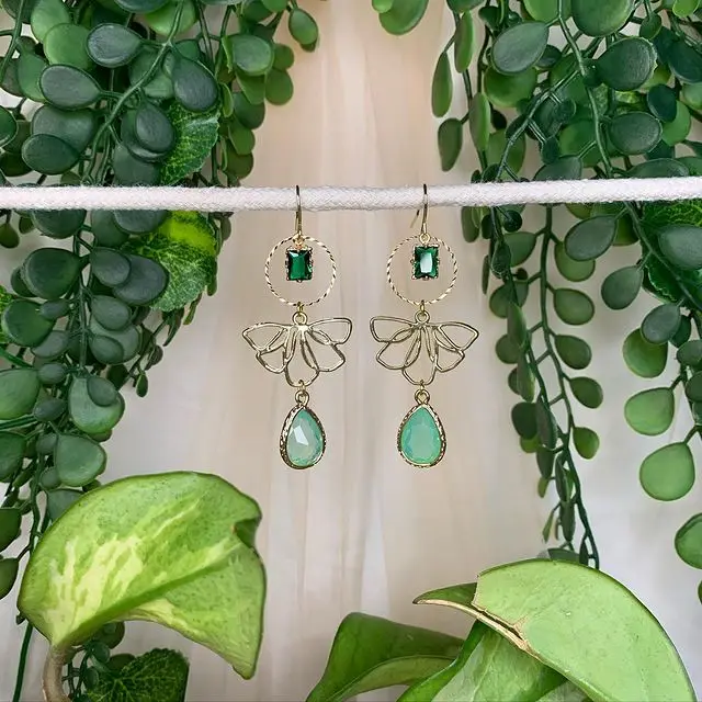 

Moth with Green Gemstone Dangle Earrings,celestial,statement,gemstone,death,insect,nature,geometric