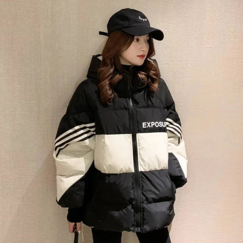 

Women's Winter Jacket Streetwear Polyester Zipper Straight 3 Solid Color Padded Coat Warm Femme Parka Black white Women Clothing