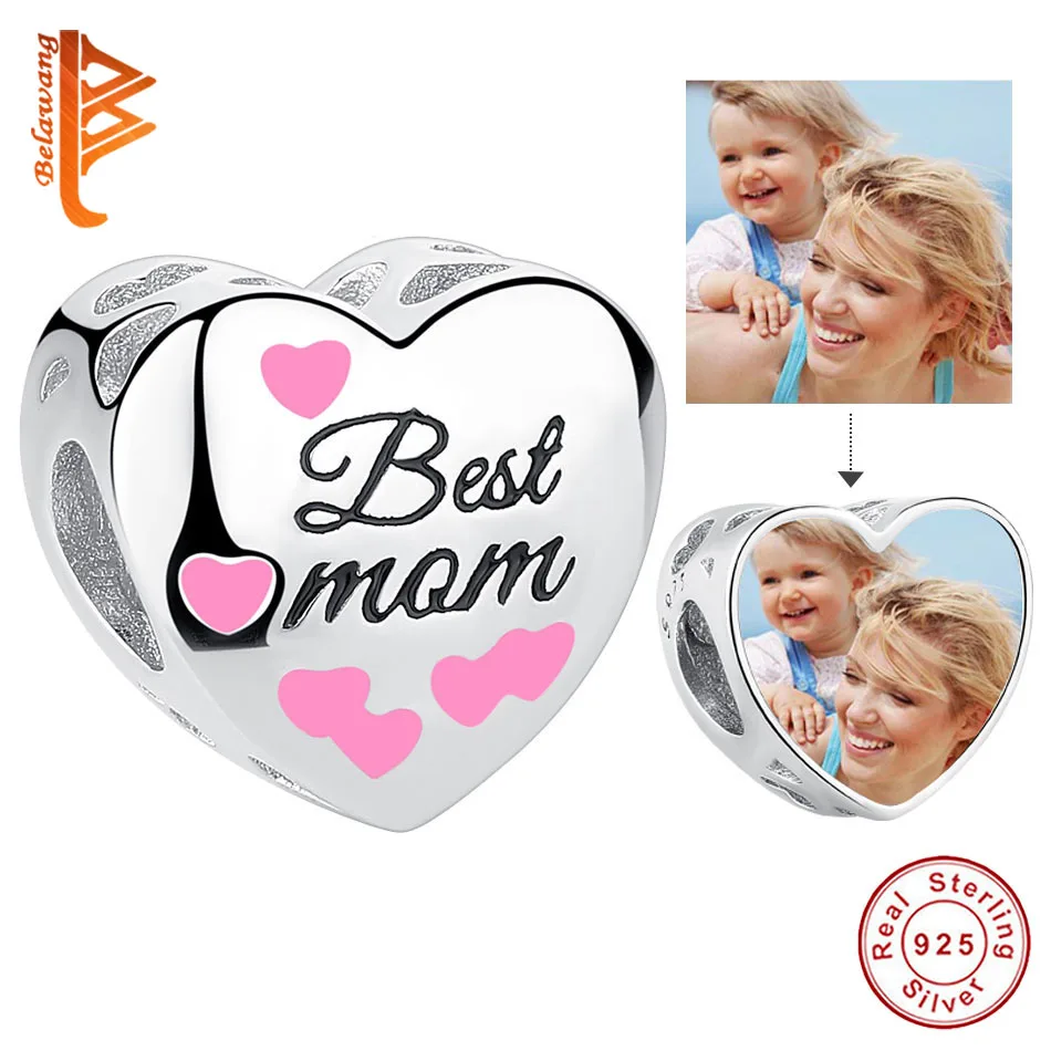 Livre Personalizado Foto Prata Esterlina Charme Rosa Esmalte Melhor Mãe Coração Talão Apto Pulseira Faça Você Mesmo Jóias Presente 925