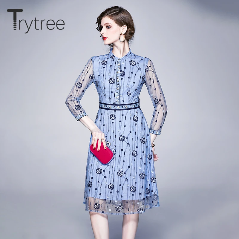 Весеннее женское платье Trytree 2020 повседневное лоскутное А силуэта с круглым