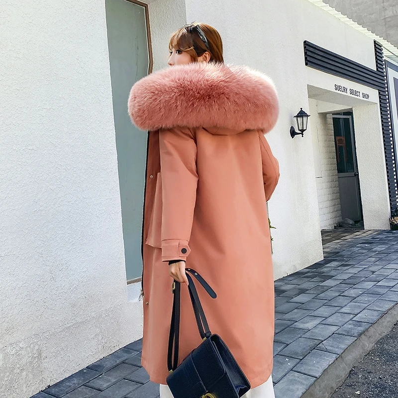 Fur Coat Women Winter Jacket Real Fur Parkas 2020 New Rabbit Fur Liner Detachable Long Over-the-knee Coat Thick Warm Streetwear