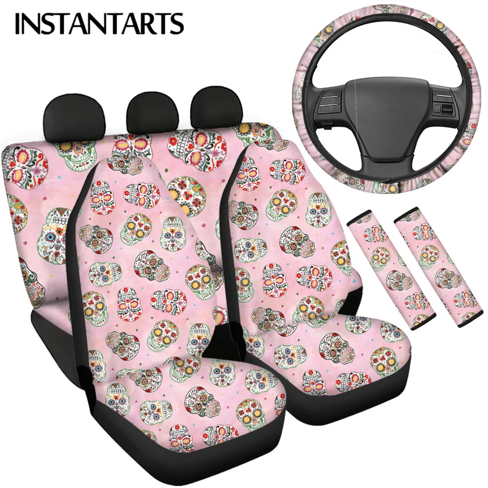 

Чехлы на сиденья автомобиля INSTANTARTS, Нескользящие чехлы на передние и задние сиденья с принтом розового сахарного черепа, Легкая очистка, защ...