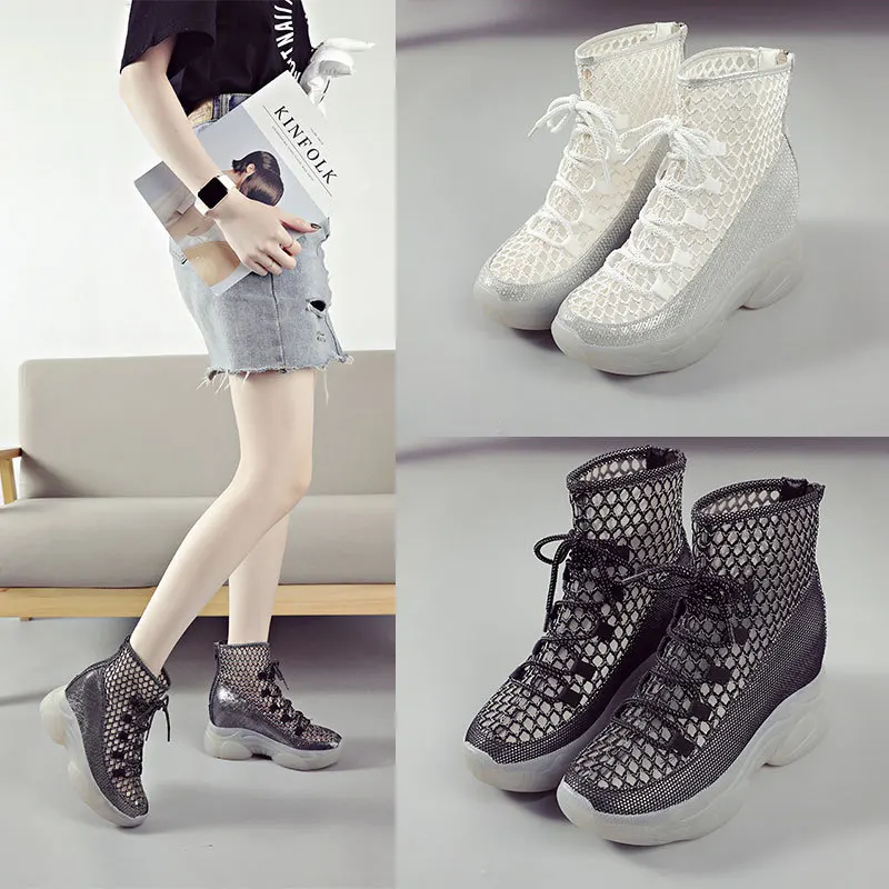

Platform Female Ankle Boots Summer Breathable Mesh Clear Jelly Bottom Shoes for Women New Fashion Thick Heel Women Boots