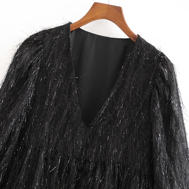 Женское мини-платье с длинным рукавом и V-образным вырезом однотонное вечернее