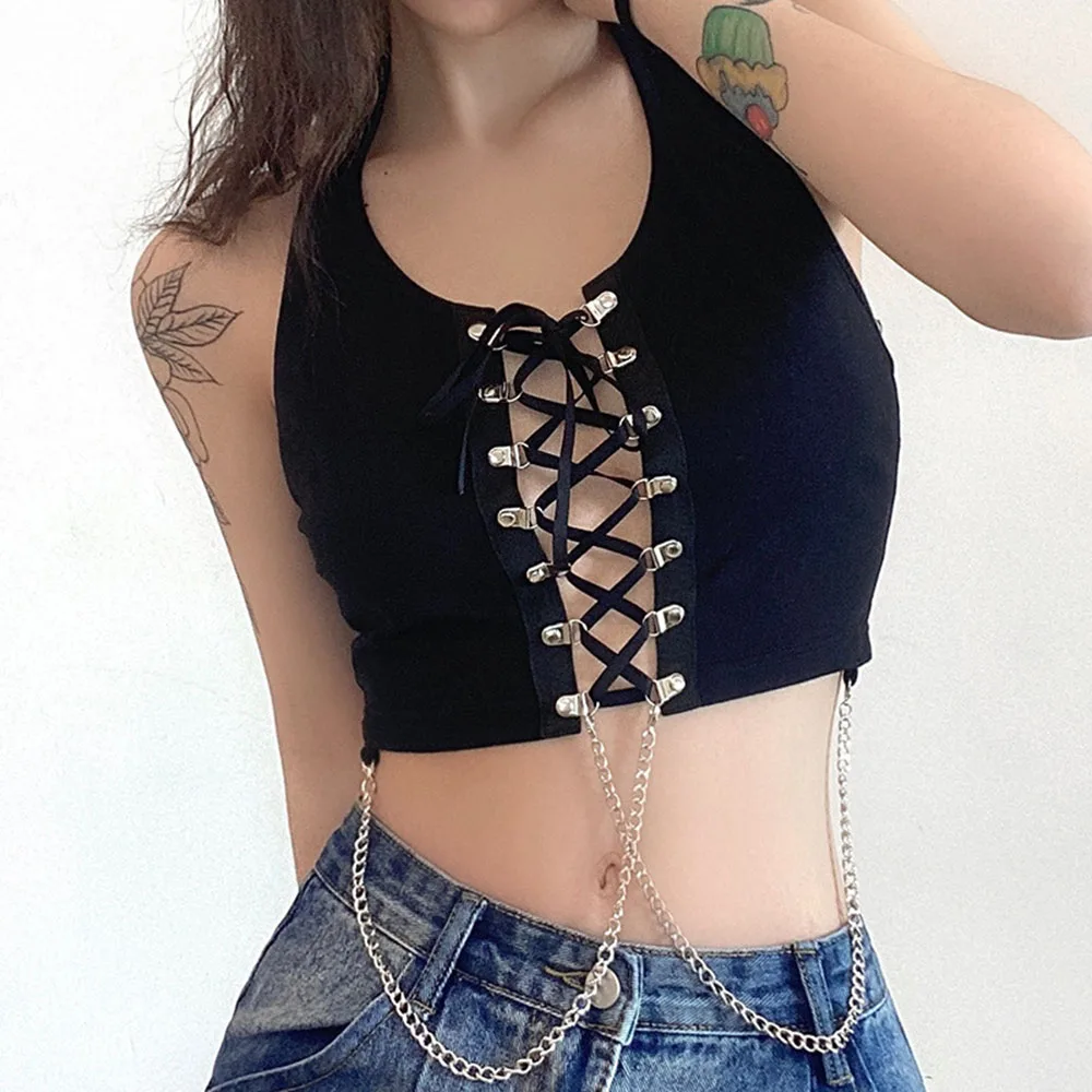 

Gothic 2021 Summer Tank Top Fashion Designer Creative Hipster Thin Backless Bandage Metal Chain Sexy Solid Color Halter
