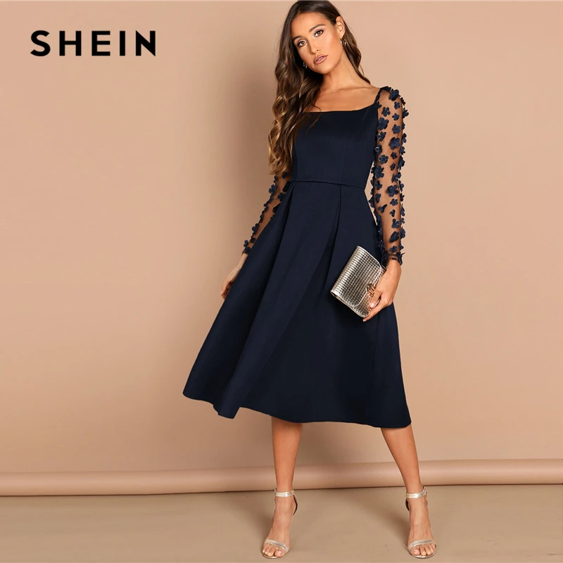 SHEIN Night Out Contrast Mesh Appliques Pleated Square Neck Knee Length Dress Autumn Modern Lady Workwear Women Dresses