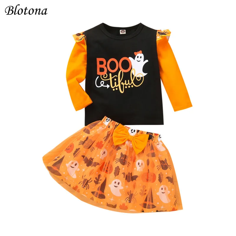 

Костюм для девочек на Хэллоуин Blotona, комплект из 2 предметов, топ с круглым вырезом и длинным рукавом и юбка миди с мультяшным принтом, на возраст 1-4 года