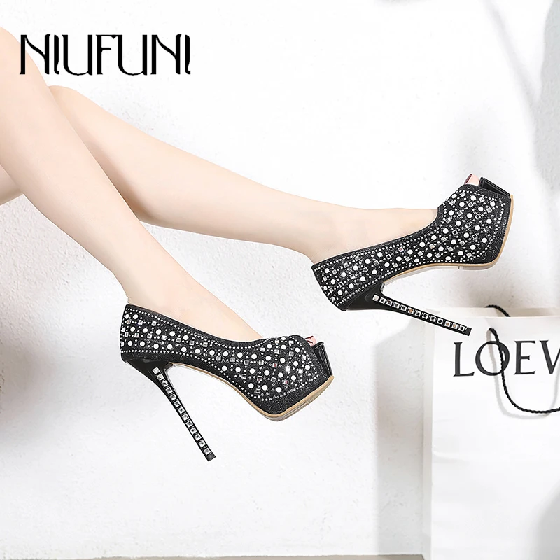 

NIUFUNI Summer Women's Single Shoes Open Toes Ultra-fine High Heels Sexy Sandals Pearl Rhinestone Decorated Crystal Single Shoes
