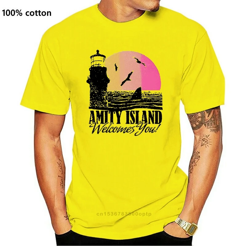 

Новый Amity Island приглашает вас челюсти 70s фильм Quints фильм Винтаж Ретро-футболка 402