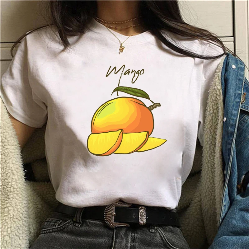 Модные яркие манго футболка для женщин с милым принтом круглым вырезом и