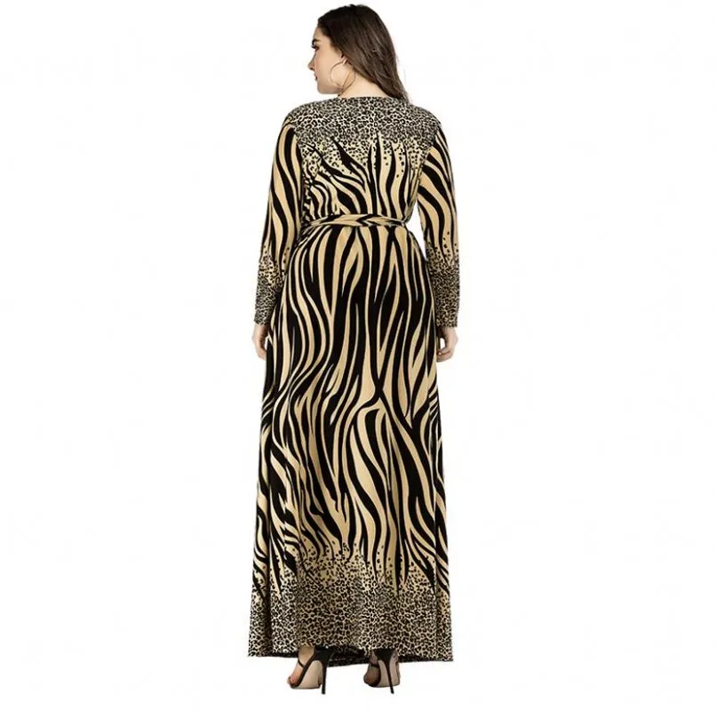 

Arablic Hottest Striped Print Women Dresses Long Sleeves V-Neck Waist Lace Up Party Lady's Evening A-Line Dress 2021 Spring