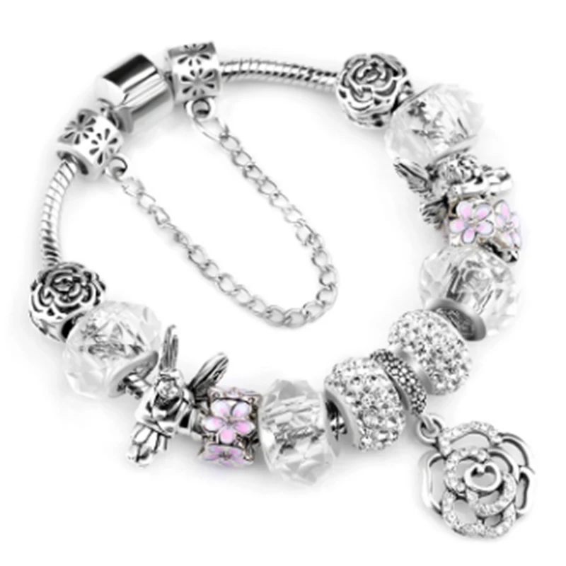

Spring Fairytale Crystal Flower Bracelet Fashion DIY Silver Plated Snake Bone Chain Brand Bangles Gifts Direct Delivery